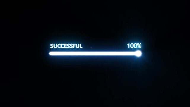 Digital progress bar loading animation with successful completion status, glowing ui for software and web interface