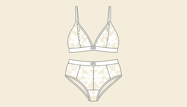 White lace lingerie set consisting of matching triangle bra and high waisted briefs with elegant floral patterns.