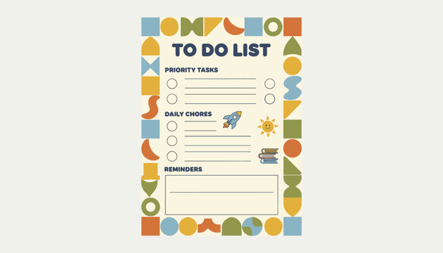 Colorful to do list template with geometric border decorations, priority tasks check boxes, and reminder notes section.