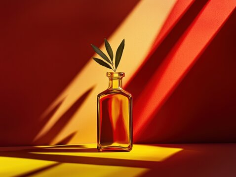 A sleek glass bottle of yellow olive oil stands on a wooden surface against a vibrant red-orange wall with dramatic vertical shadow stripes.