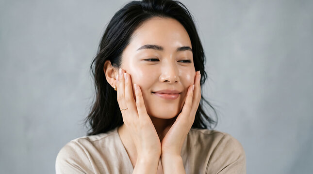 Young Asian woman touching her face. Skincare model applying beauty products for glow.