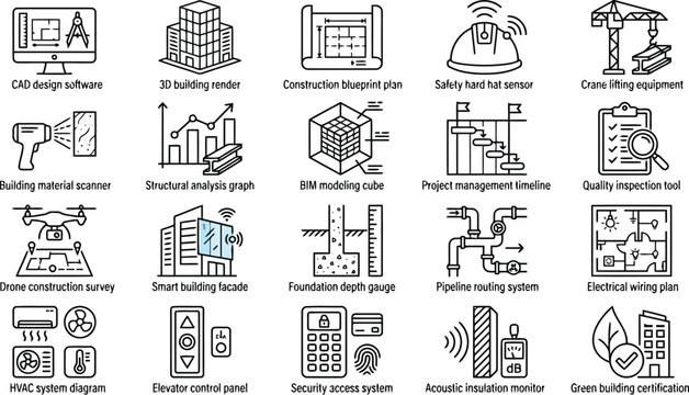 Construction technology and smart building management line set featuring cad tools, bim modeling, and structural analysis systems