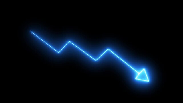 Minimalist glowing red neon zigzag line with upward business arrow concept. Animation of representing down trend motion graphic icon performance. Neon down graph animation. 4k video