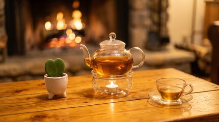 Fototapeta premium Glass teapot warming over candle beside heart shaped succulent plant on rustic wooden tabletop with candle warmer matching table before fireplace