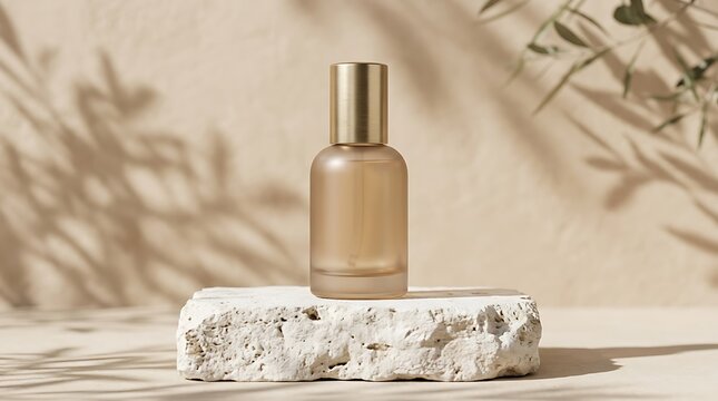 Luxurious skincare product on natural stone pedestal with soft light