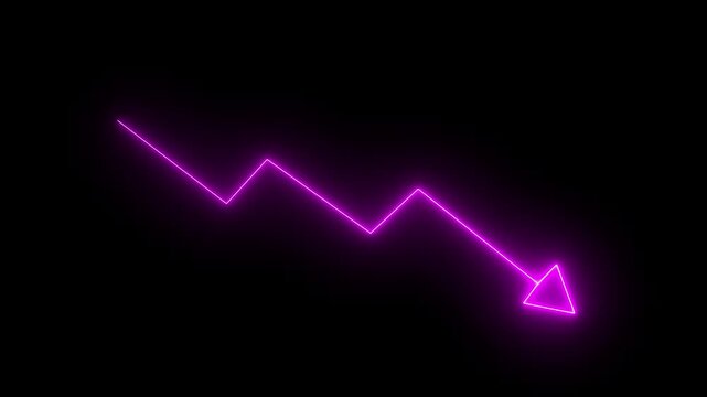 Minimalist glowing red neon zigzag line with upward business arrow concept. Animation of representing down trend motion graphic icon performance. Neon down graph animation. 4k video