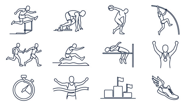 Athletics Icons Set: Hurdles, Sprint, Discus, Pole Vault, Marathon, Long Jump, High Jump, Winner