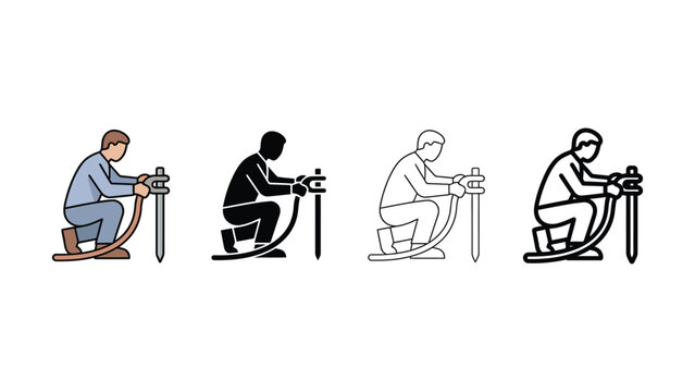 Man working with hose and ground stake vector icon set