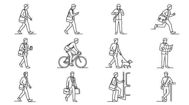 People's Daily Life: Diverse Activities Illustrated in Line Art Style