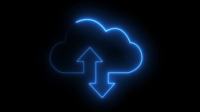 Neon glowing digital cloud icon, data transfer animation. cloud storage with arrows icon animation on the black, background. Cloud space and technology, data backup