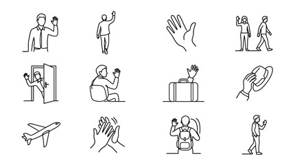 Collection of Line Art Icons: Waving Hands, People Saying Goodbye, Travel & Greetings © Tongek