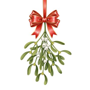 Traditional Christmas Mistletoe Illustration with Red Bow and White Berries