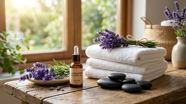 Lavender spa essentials on a wooden table by the window