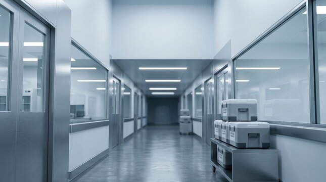 Modern laboratory corridor with sealed specimen transport containers