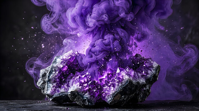 Beautiful purple amethyst crystal stone glowing with magical smoke on a dark background