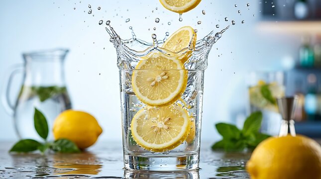 Fresh lemons splashing into a glass of water on a kitchen counter