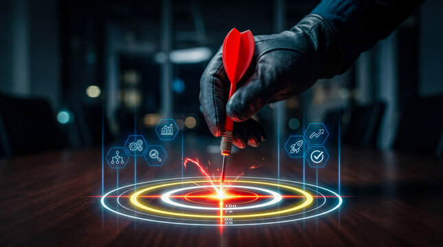 Professional hand in futuristic glove throwing red dart into glowing digital target with analytics icons
