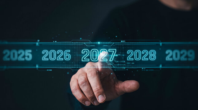 Professional hand selecting 2027 from futuristic holographic year timeline interface
