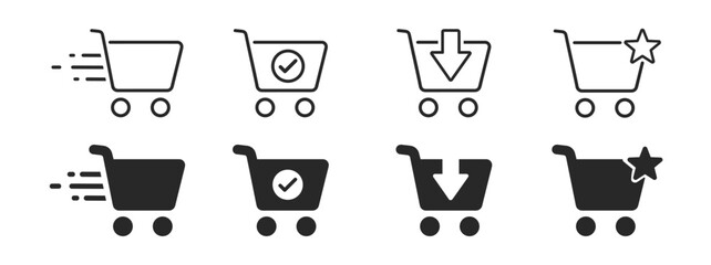 Shopping cart icon set in solid style with fast delivery, wishlist, and checkout symbols © Виталий Опришко