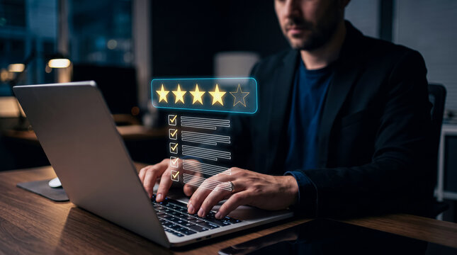 Professional reviewing code feedback on laptop with five-star rating overlay in modern office setting