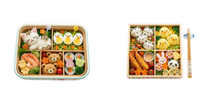 Two bento boxes with cute animalshaped food, including rice cats, bears, chicks, and various side dishes isolated on transparent background