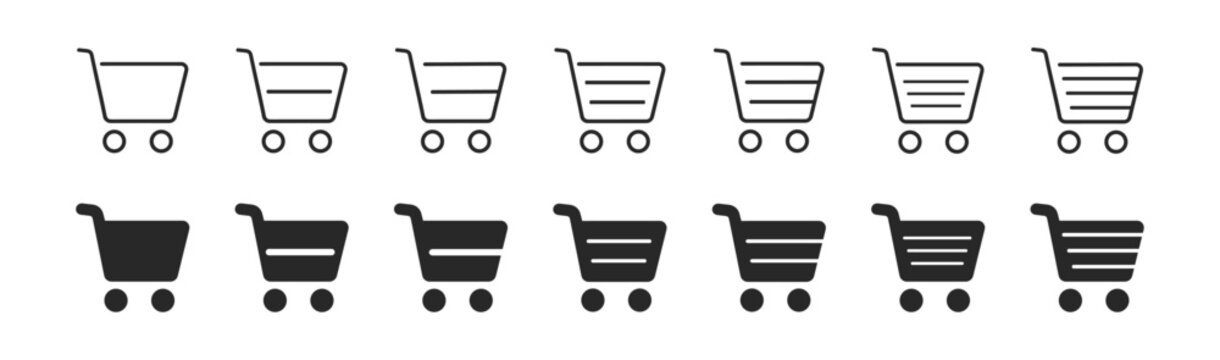 Shopping cart outline icon set with editable stroke for ecommerce checkout and retail