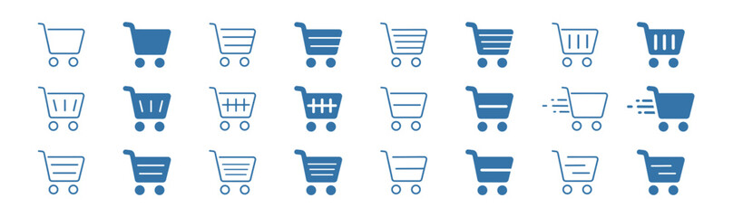 Blue shopping cart icon set in outline style with editable stroke for ecommerce and retail © Виталий Опришко