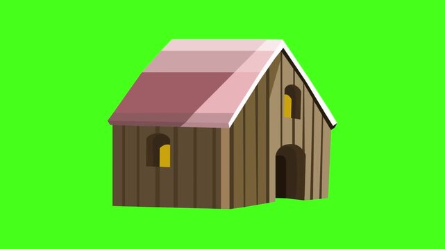 Cartoon style animation of a barn on a green background, art, drawing, 2D, house.