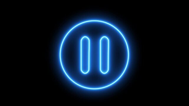 Glowing neon media player pause icon animation video and audio play stop control circle pause button sign symbol on black background. 4k video