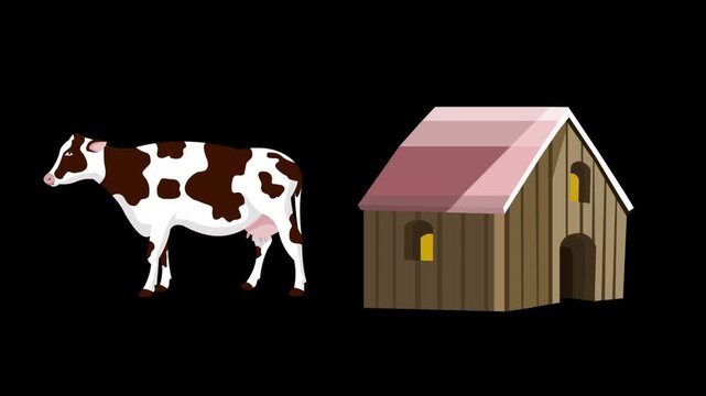 Cartoon style animation of a cow and a house against a black background, art, drawing, 2D.