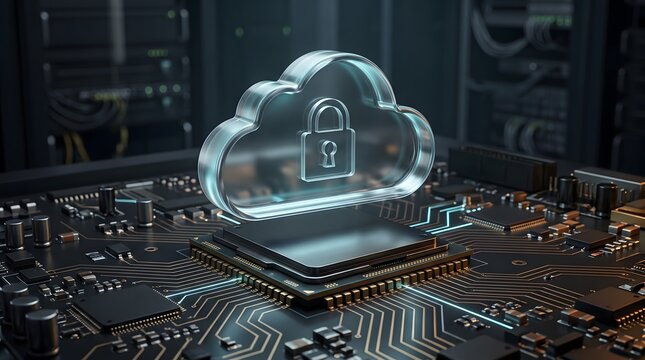 Glass cloud computing icon with padlock resting on processor chip. Concept of cloud storage security, data encryption, and server infrastructure.