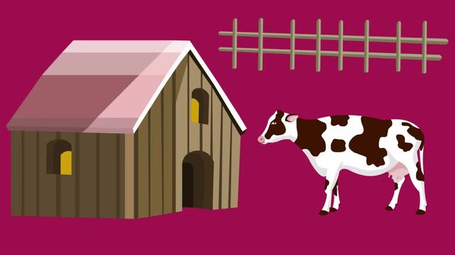 Cartoon style animation of a cow, a fence and a house against a red background, art, drawing, 2D.