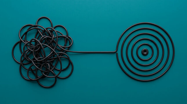 Rubber tubing transforming from tangled mess into organized bullseye target