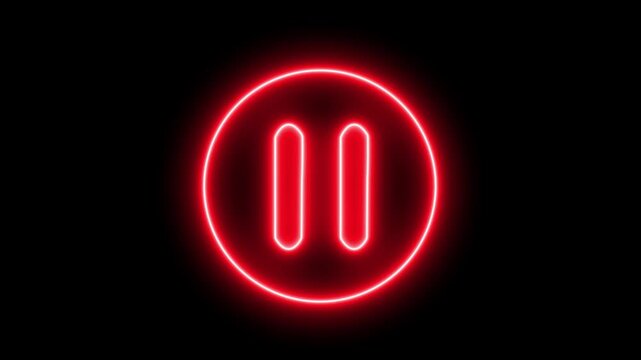 Glowing neon media player pause icon animation video and audio play stop control circle pause button sign symbol on black background. 4k video