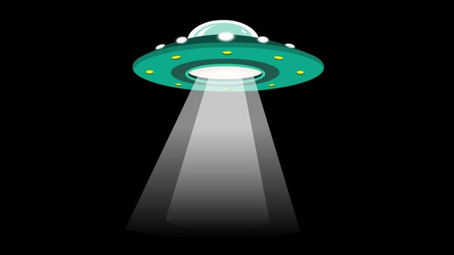 Cartoon style animation of a flying saucer emitting a beam of light on a black background, art, 2D drawing.