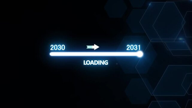 Futuristic 2030 to 2031 loading progress bar animation, digital countdown to new year, technology concept for business planning and future growth