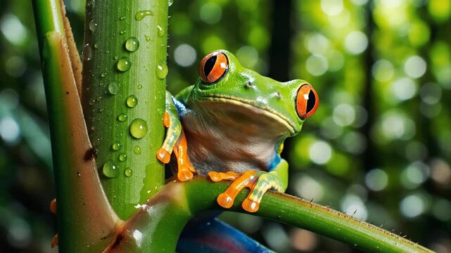Red-eyed tree frog sitting on a tropical plant stem in the rainforest