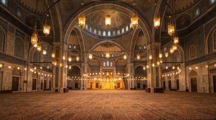 Obraz premium Grand Mosque Interior with Golden Illuminated Lamps and Intricate Islamic Geometric Patterns at Night 