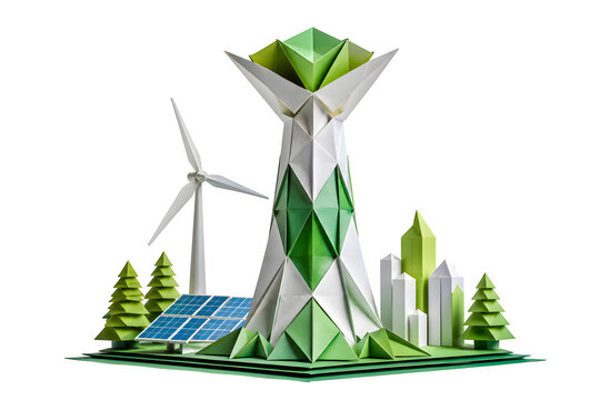 Premium 3D Origami Energy Tower with Geometric Engineering Design Isolated on Transparent PNG