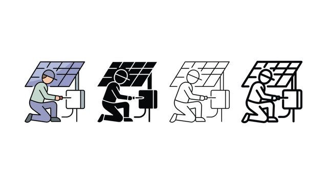 Solar panel technician installing renewable energy system icon set