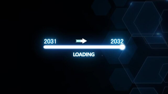 Futuristic loading bar progressing from 2031 to 2032, digital technology concept