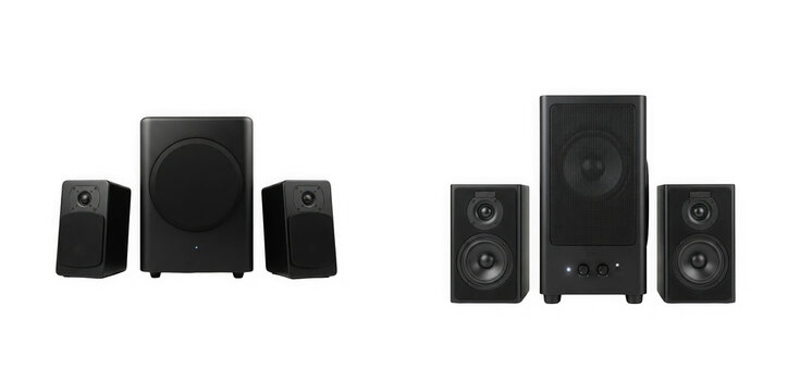 Set of modern black computer speakers with subwoofer isolated on transparent background
