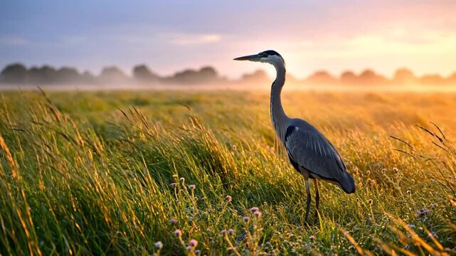 Graceful heron bird standing peacefully in the tall green grass of a golden sunrise meadow landscape