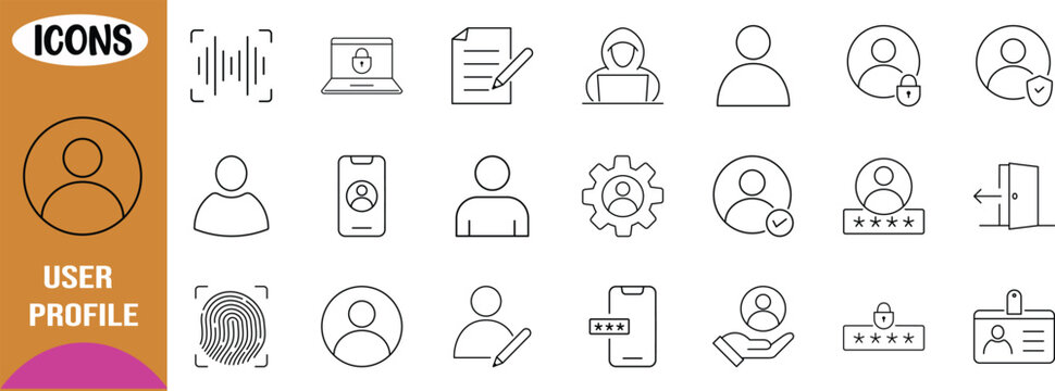 User authentication security account icons. user icon set, fingerprint icon set, padlock icon set