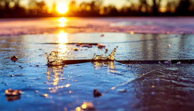 Golden autumn leaves floating on calm water surface.