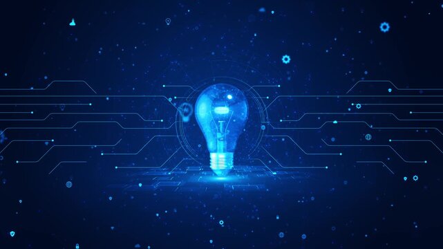 Smart innovation light bulb visual with blue glow, digital circuit lines, and connected icon network. Perfect for AI videos, education screens, technology promos, startup titles, and overlays.