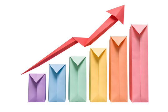 Origami Rising Bar Chart with Ascending Paper Arrow Isolated on Transparent PNG