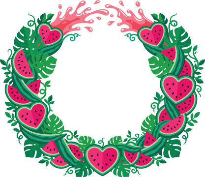 Hand Drawn Watermelon Wreath with Heart Shaped Slices Tropical Leaves Fresh Fruit Splash and Summer Decorative Vector Illustration
