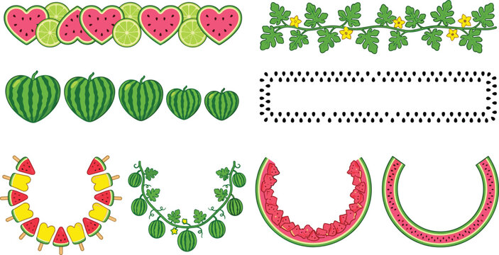 Hand Drawn Watermelon Decorative Collection with Heart Shapes Fruit Garlands Borders Frames and Summer Vector Illustration Set