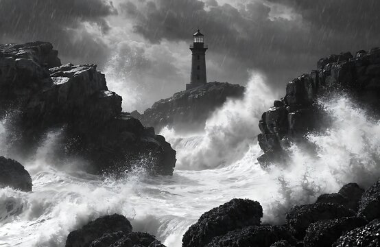 Lighthouse standing on rocky shore with crashing waves